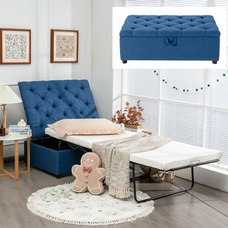 Blue Folding Bed Ottomans Inside Most Up To Date Costway Folding Bed With Mattress, 2 In 1 Convertible Sofa Bed Ottoman,  Space Saving Button Tufted (View 8 of 10)