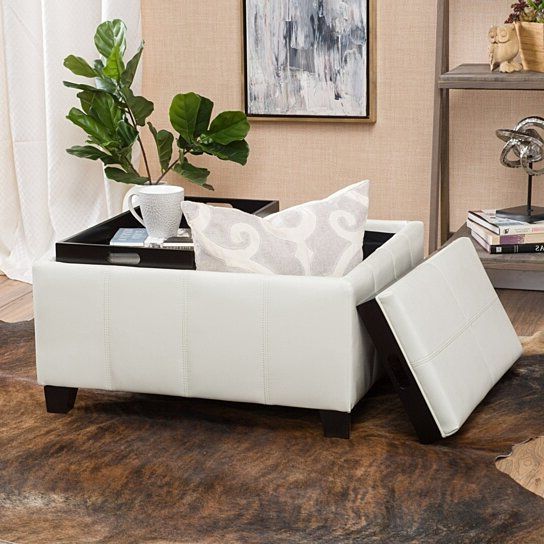 Buy Justin 2 Tray Top Ivory Leather Ottoman Coffee Table With Storage Gdfstudio On Dot & Bo For Most Recently Released Ivory Faux Leather Ottomans (View 5 of 10)