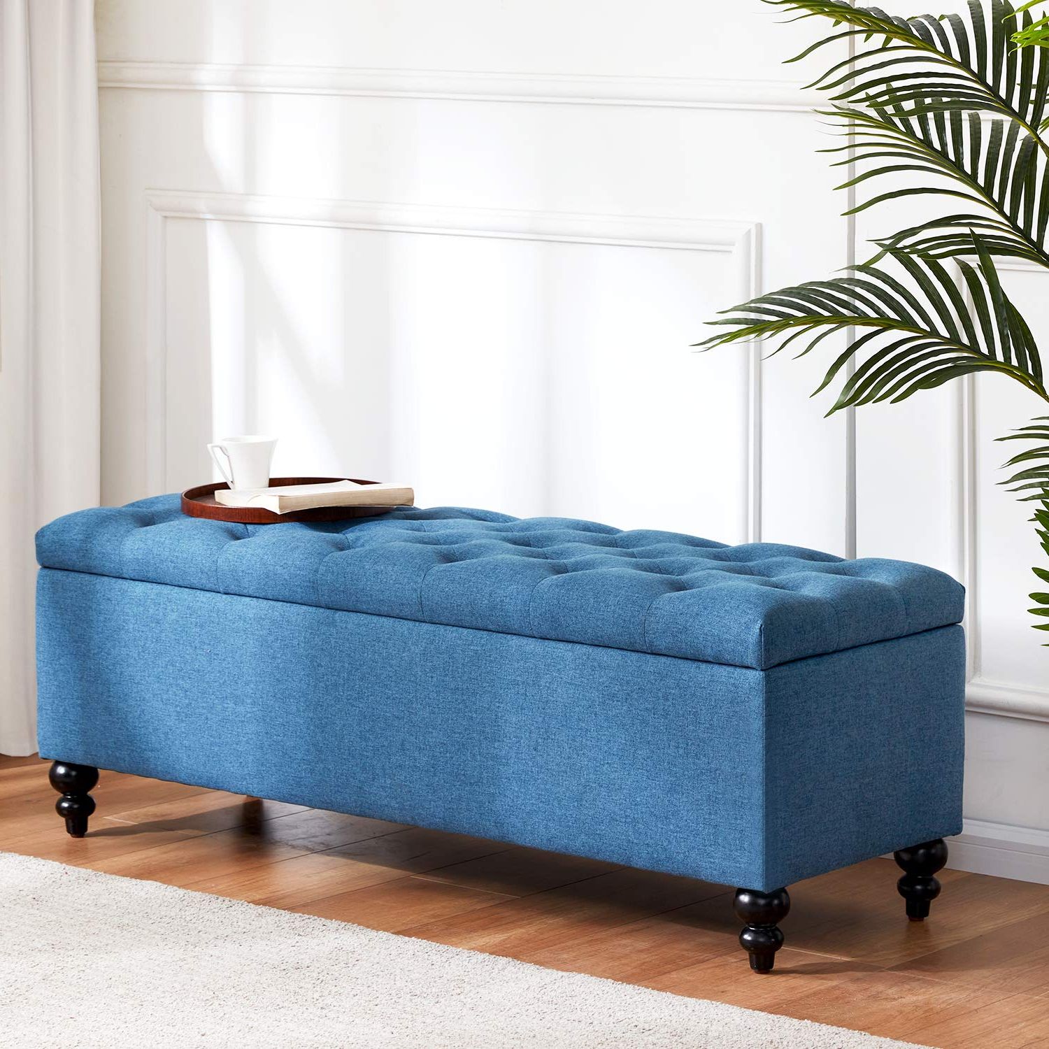 Fashionable Fabric Upholstered Ottomans With Amazon: Huimo Button Tufted Ottoman With Storage In Upholstered Fabrics,  Large Storage Bench For Bedroom, Living Room, Entryway, Storage Ottoman  Bench With Safety Hinge Hold Up To 300lbs (blue) : Home & Kitchen (View 7 of 10)