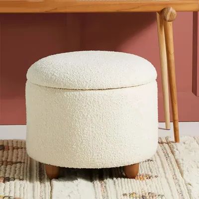 Favorite Modern White Boucle Vanity Stool With Lifted Top Storage Round Ottoman With  Walnut Legs Homary Inside Walnut Round Ottomans (View 8 of 10)