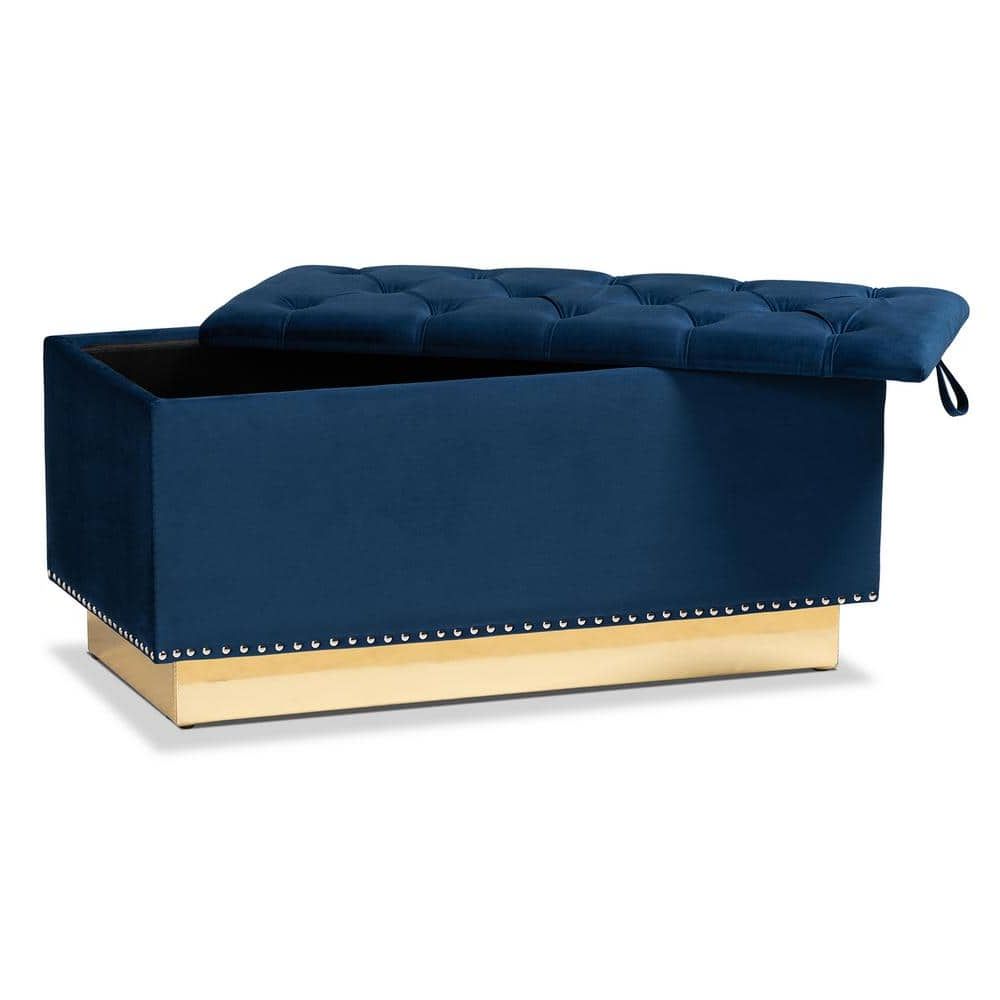 Gold Storage Ottomans With Recent Baxton Studio Powell Navy Blue And Gold Storage Ottoman 175 11238 Hd – The  Home Depot (View 8 of 10)