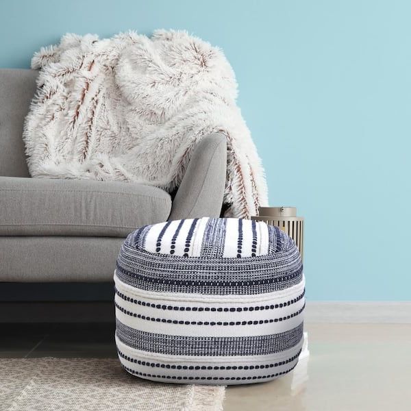Ivory And Blue Ottomans In Favorite Lr Home Seaside Navy Blue / Ivory Striped Textured Pouf Ottoman  5351a2084d9348 – The Home Depot (View 4 of 10)