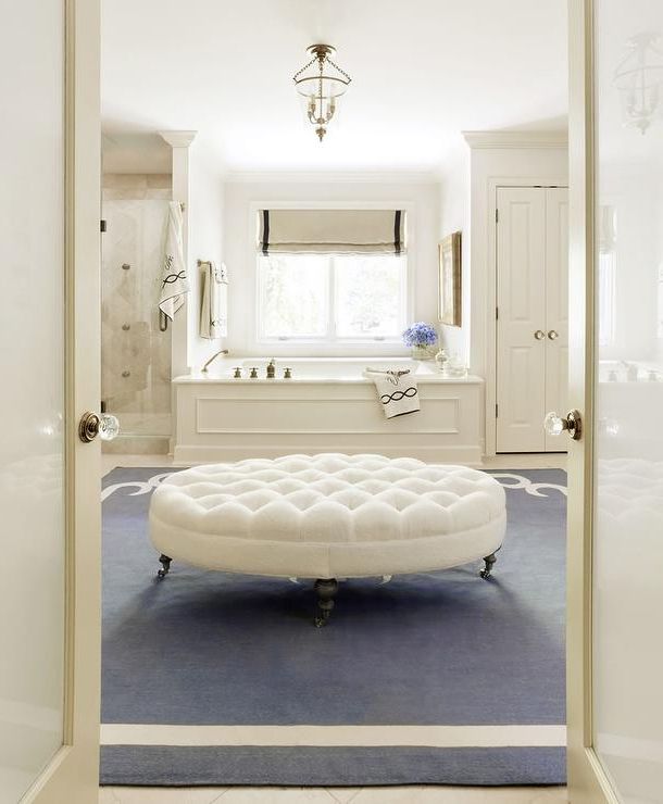 Ivory And Blue Ottomans Throughout Most Up To Date Ivory And Blue Bathroom With White Oval Tufted Ottoman On Caster Legs –  Transitional – Bathroom (View 9 of 10)