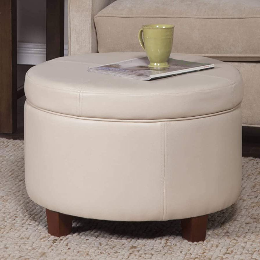Ivory Faux Leather Ottomans With Regard To Well Known Amazon: Large Ivory Faux Leather Round Storage Ottoman Cream Solid  Transitional Foam Wood : Home & Kitchen (View 1 of 10)