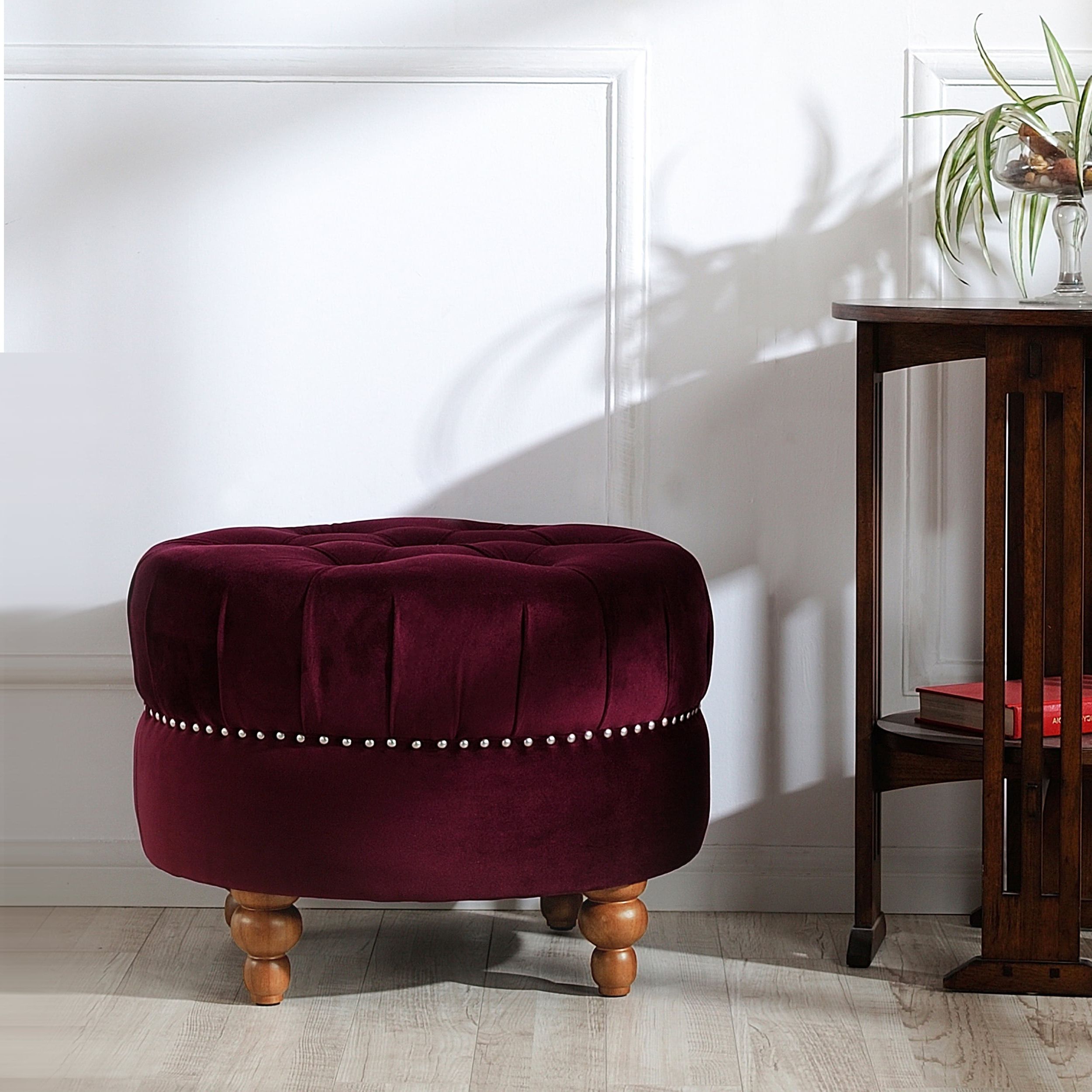 Jennifer Taylor Home La Rosa Midcentury Burgundy Velvet Round Ottoman In  The Ottomans & Poufs Department At Lowes For Best And Newest Burgundy Ottomans (View 5 of 10)