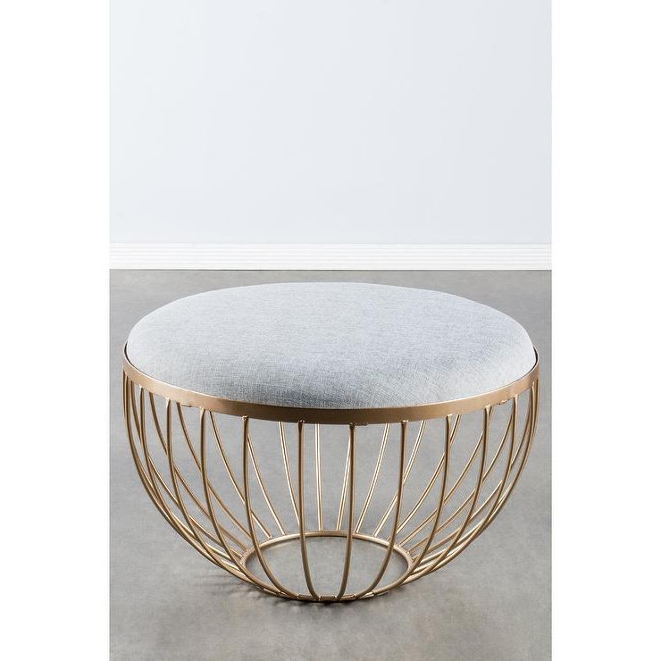 Kylie Round Bronze Metal Linen Ottoman Throughout Most Up To Date Bronze Round Ottomans (View 4 of 10)