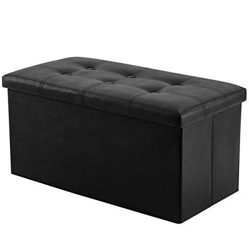 Latest Amazon: Youdenova 30 Inches Folding Storage Ottoman, 80l Storage Bench  For Bedroom And Hallway, Faux Leather Black Footrest With Foam Padded Seat,  Support 350lbs : Home & Kitchen For Black Faux Leather Ottomans (Photo 8 of 10)