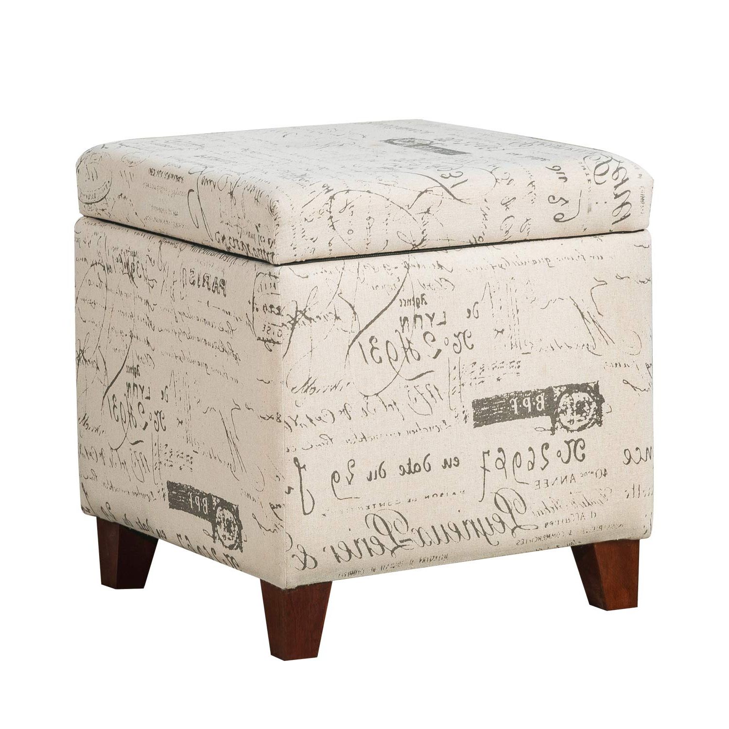 Most Popular Wood Storage Ottomans Intended For Amazon: Adeco Fabric Script Pattern Cube Storage Footstool, Hinged Lid,  Solid Wood Legs, 18" Height Ottomans & Storage Ottomans, Cream White : Home  & Kitchen (View 4 of 10)