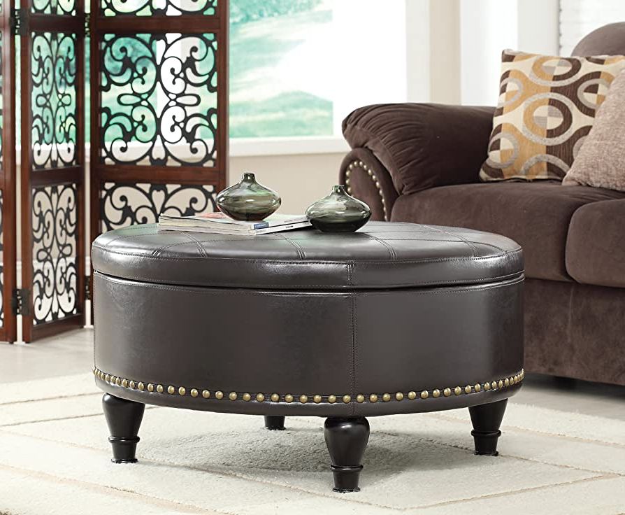 Most Recently Released Amazon: Osp Home Furnishings Augusta Round Storage Ottoman With  Decorative Nailheads And Flip Over Lid With Serving Tray, Espresso Faux  Leather : Home & Kitchen Throughout Brown Wash Round Ottomans (View 4 of 10)