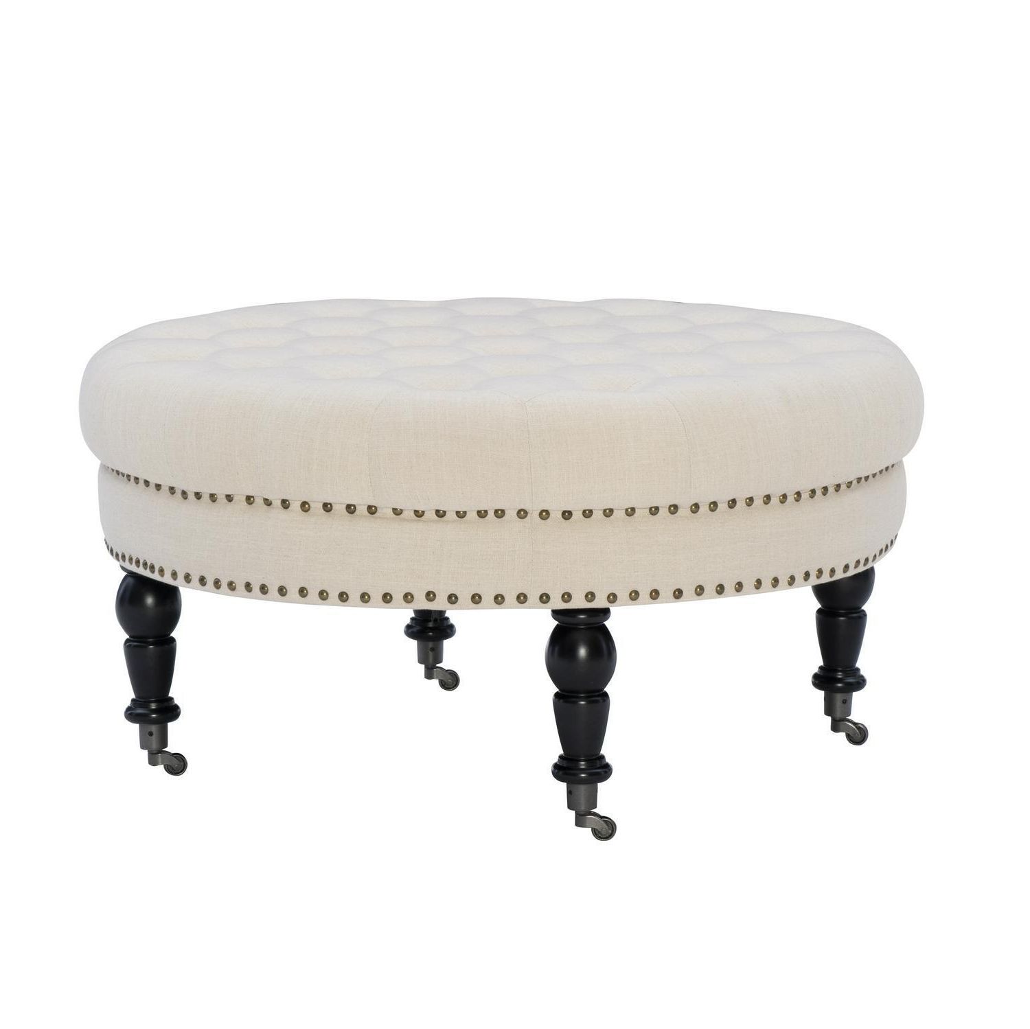 Most Recently Released Bronze Round Ottomans Inside Round Tufted Ottoman Beige Elegant Center Furniture Burnished Bronze Nail  Head  (View 8 of 10)