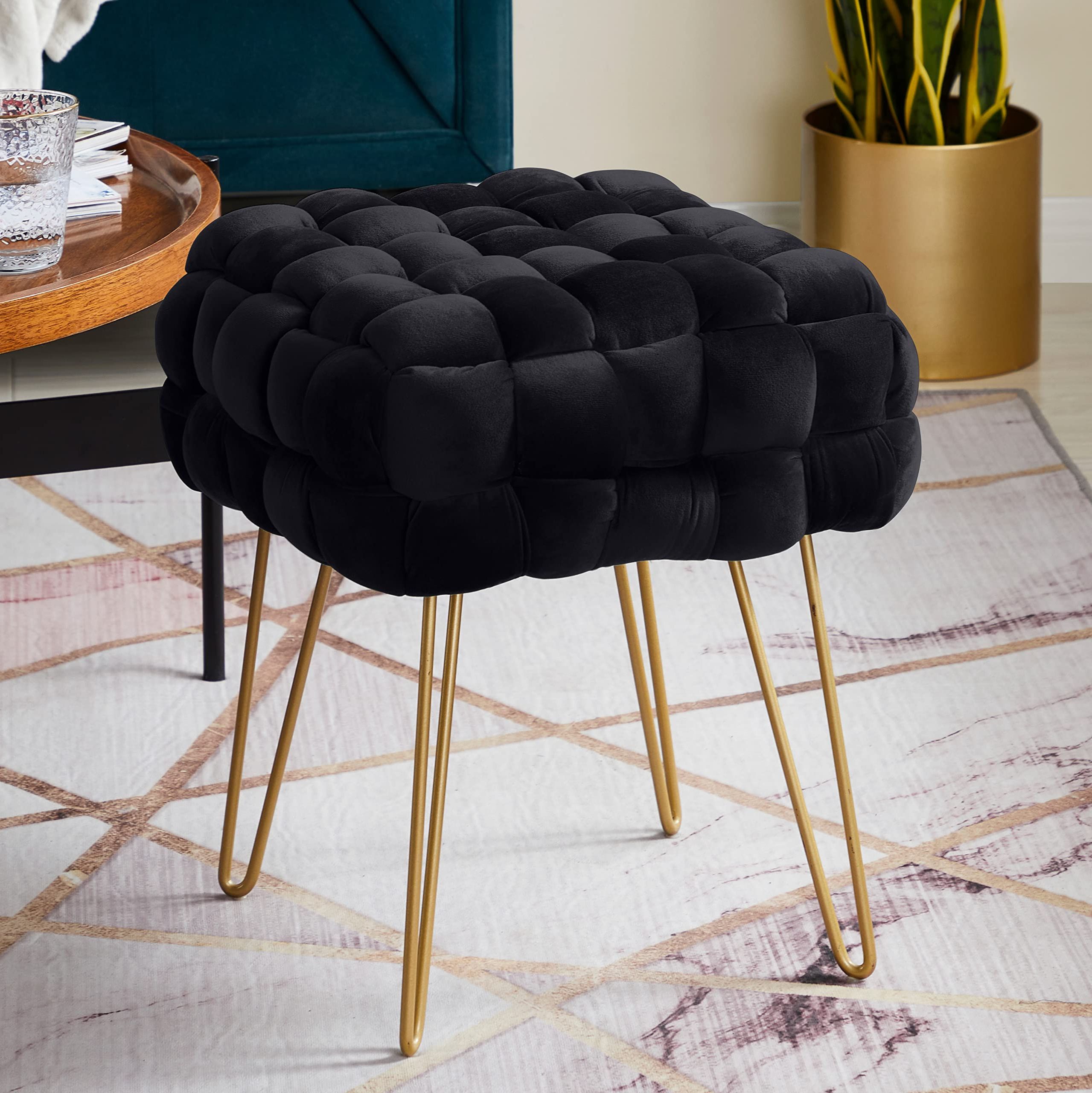 Most Up To Date Velvet Ottomans Within Amazon: Ornavo Home Modern Velvet Vanity Stool Square Ottoman Foot Rest  Stool/seat With Gold Metal Legs – Black : Home & Kitchen (View 2 of 10)