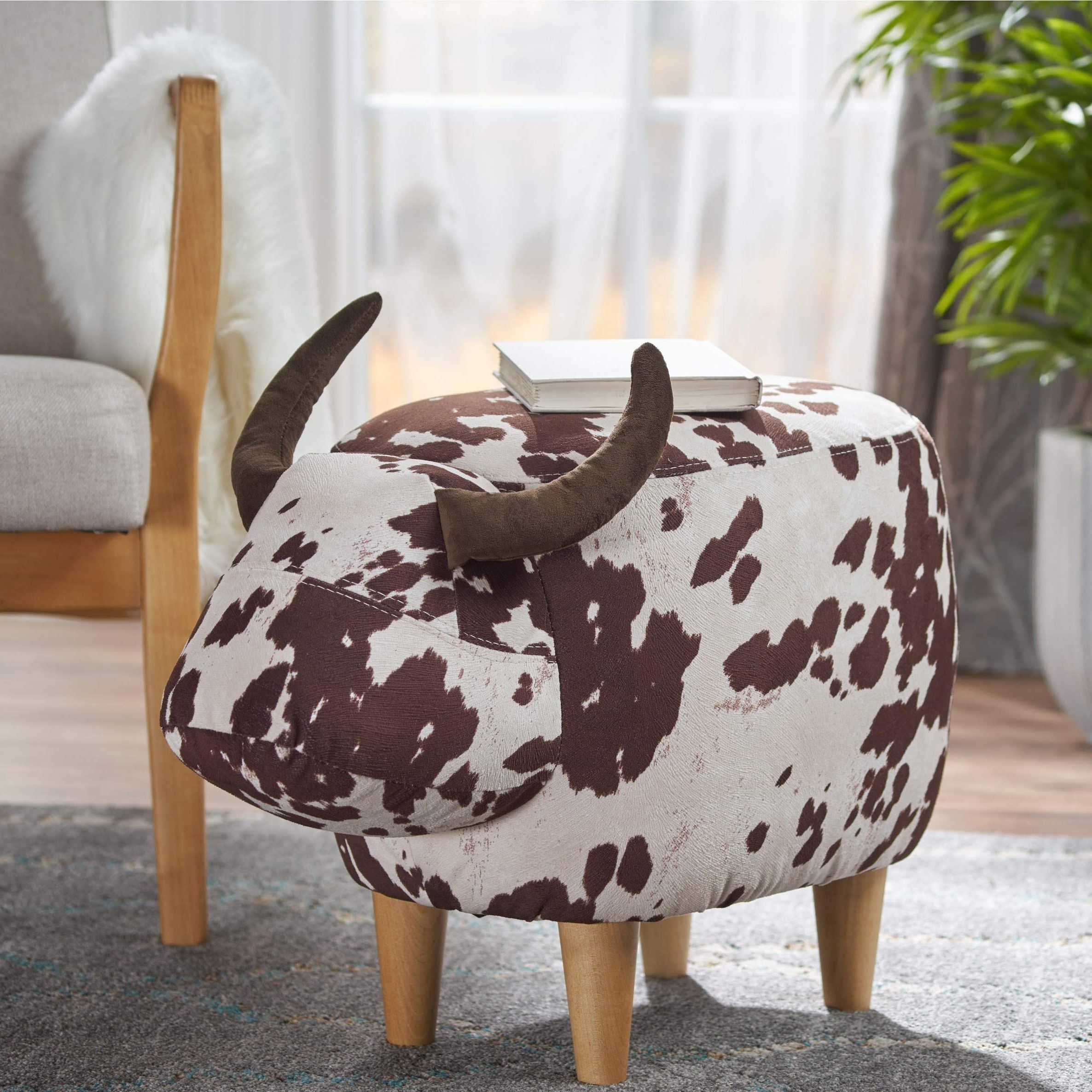 Most Up To Date White Cow Hide Ottomans Intended For Amazon: Childrens Cow Ottomans, Natural White Brown Dairy Cows Shaped  Ottoman, Brown Horns Rustic Farm Animal Theme Footstool, Cute Kids Room  Decor Velvet Faux Cowhide Pattern Footrest Stool,  (View 5 of 10)