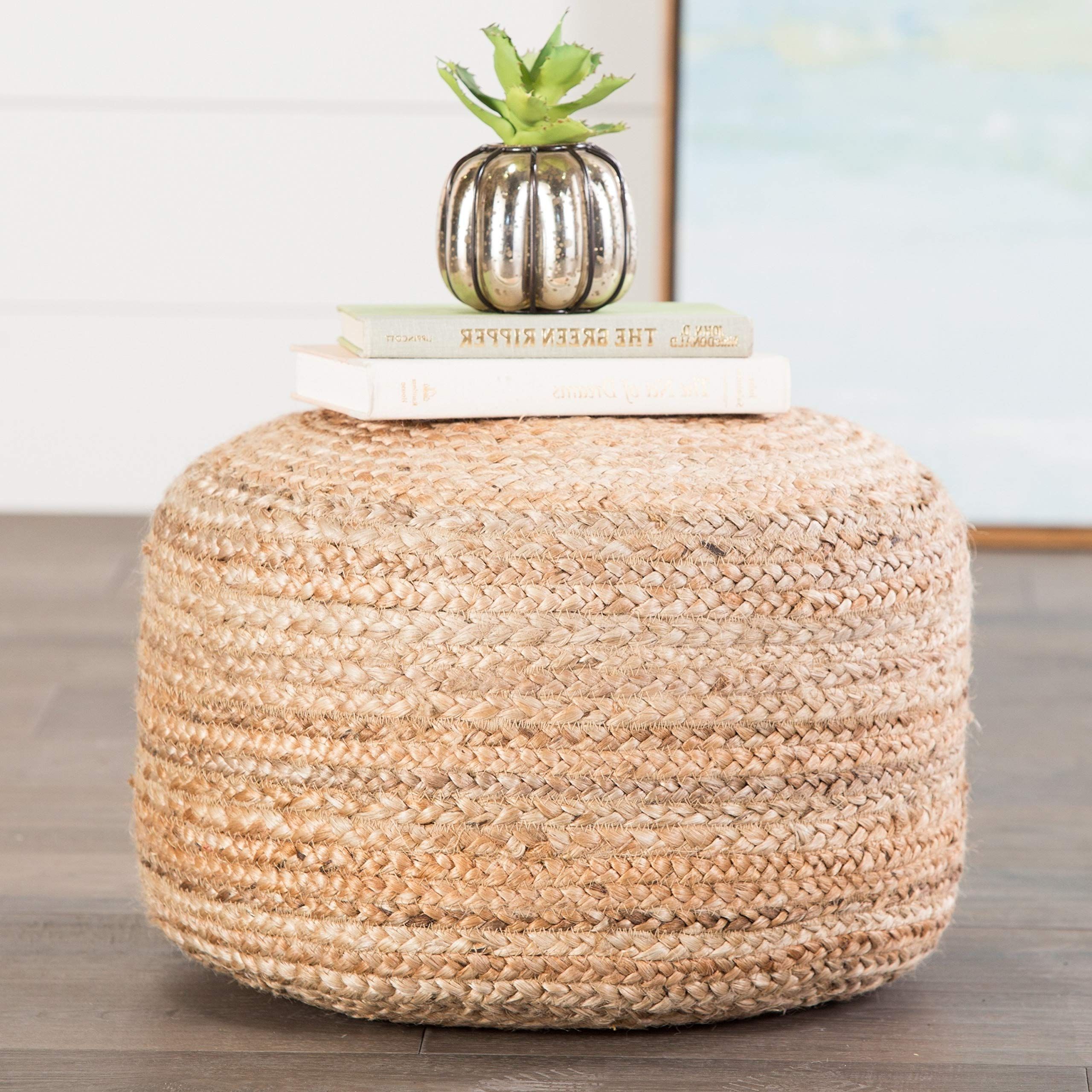 Natural Ottomans Intended For 2018 Amazon: Natural Jute Ottoman, Beige Braided Rows Round Pouf Beads Fill,  Modern Braid Weave Circle Footstool For Sitting Area Cottage Cabin Living  Room Durable Footrest Stool, 12" Tall Circular Shape : Home (View 3 of 10)