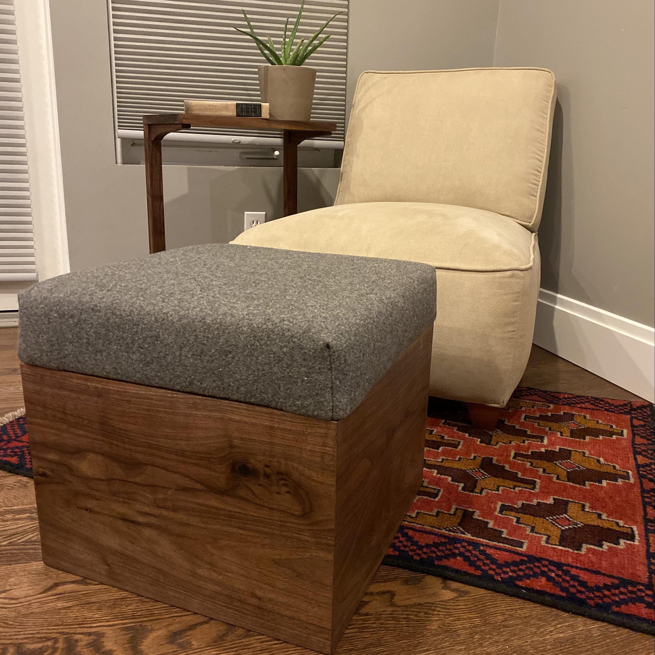 Ottomans With Walnut Wooden Base With Trendy Hand Made Handmade Solid Walnut Upholstered Ottoman Bench With Vintage Us  Military Wool Blanket Cushionflannel & Sawdust (View 3 of 10)
