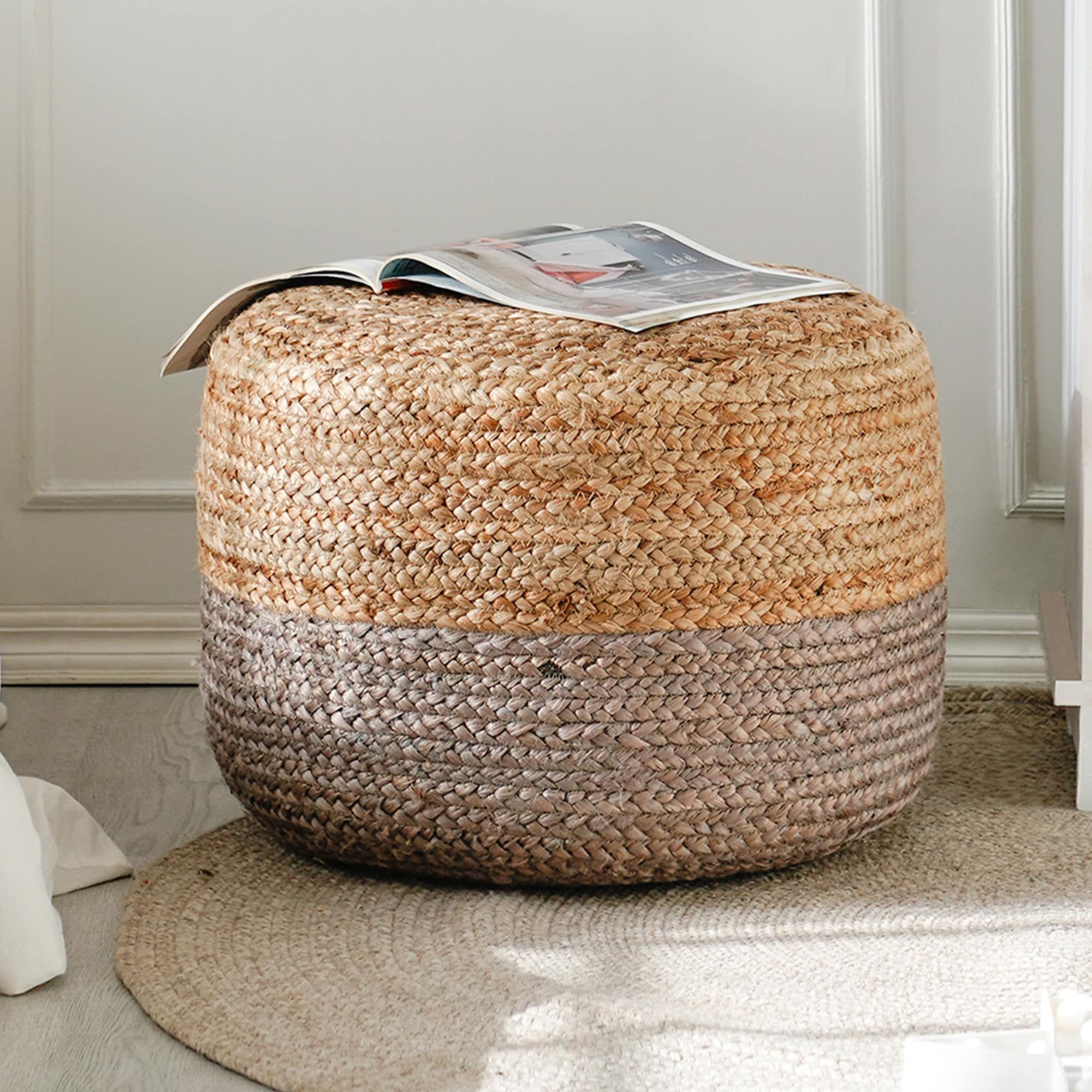 Preferred Natural Ottomans In Madeleine Home Indoor Pouf Modern Gray And Natural Jute Round Ottoman In  The Ottomans & Poufs Department At Lowes (View 8 of 10)