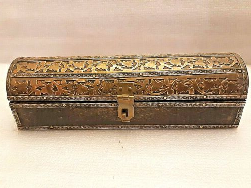 Rare !!! Antique Islamic Ottoman Wood End Brass Qalamdan Box (Photo 6 of 10)