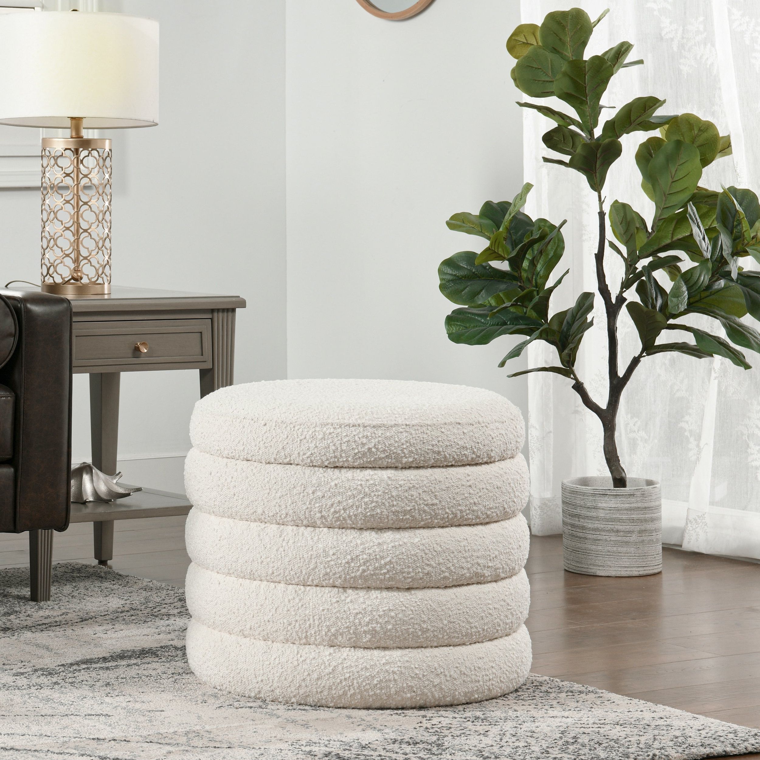 Trendy Boucle Ottomans Regarding Fuji 19" Upholstered Round Storage Ottoman, Ivory White Boucle – On Sale –  Overstock –  (View 8 of 10)