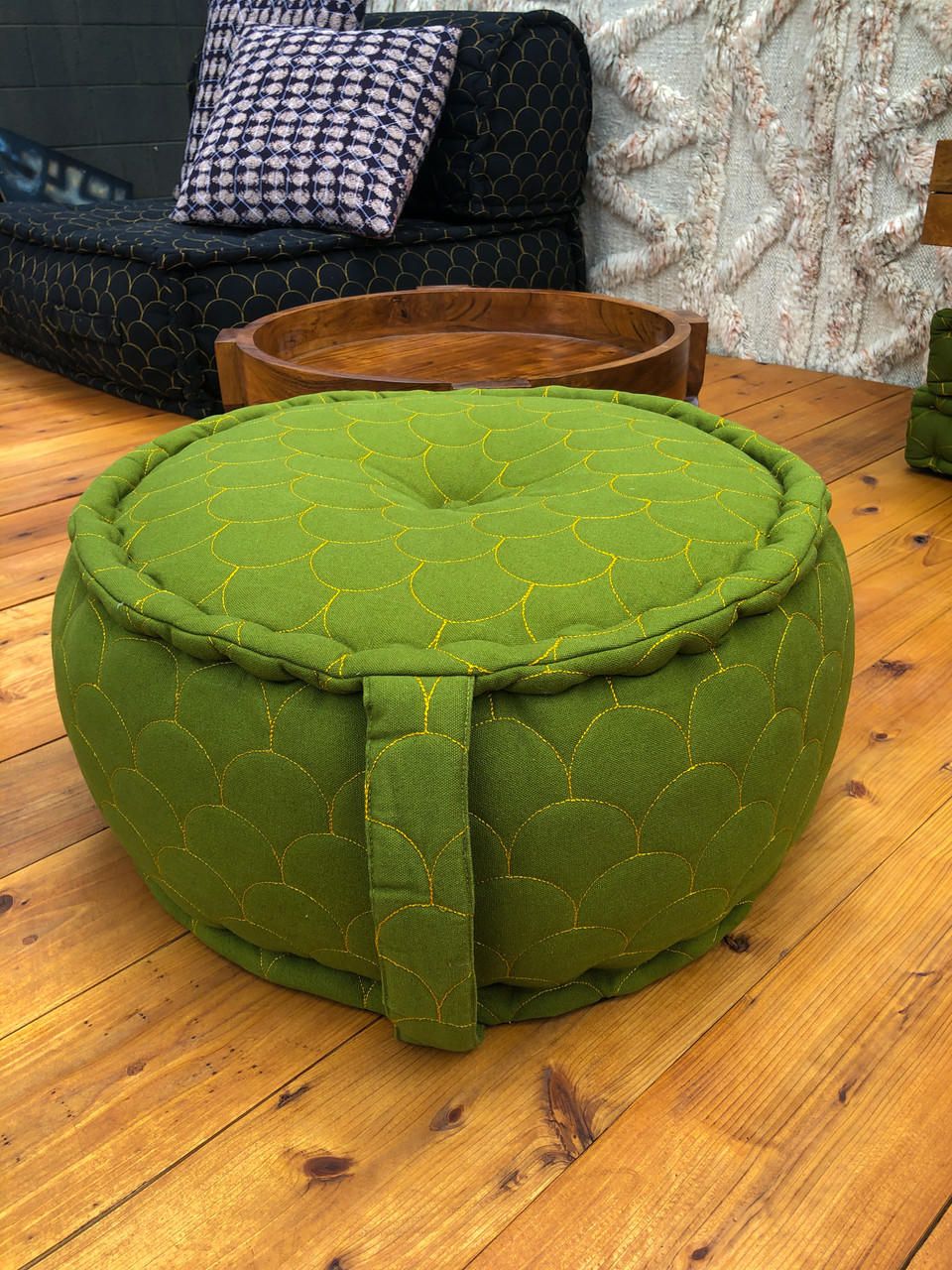 Trendy Ottomans With Cushion With Ottoman Round Boho Chic Canvas Floor Cushion Pillow Pouf In Moss Green –  Indie Ella Lifestyle (View 4 of 10)