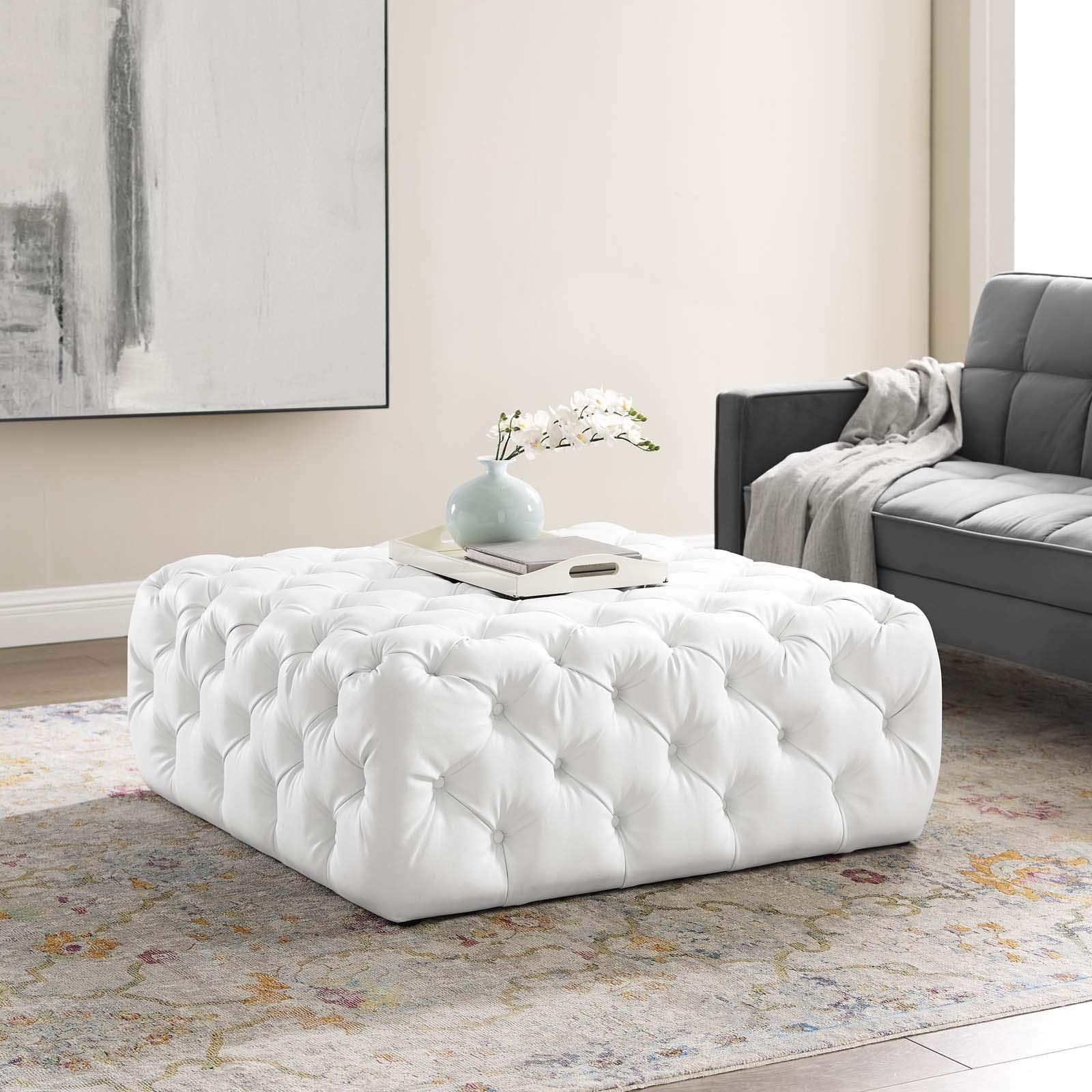 Trendy Upholstered Ottomans Intended For Amazon: Modway Amour Tufted Vegan Leather Large Upholstered Ottoman In  White, Square : Home & Kitchen (View 9 of 10)