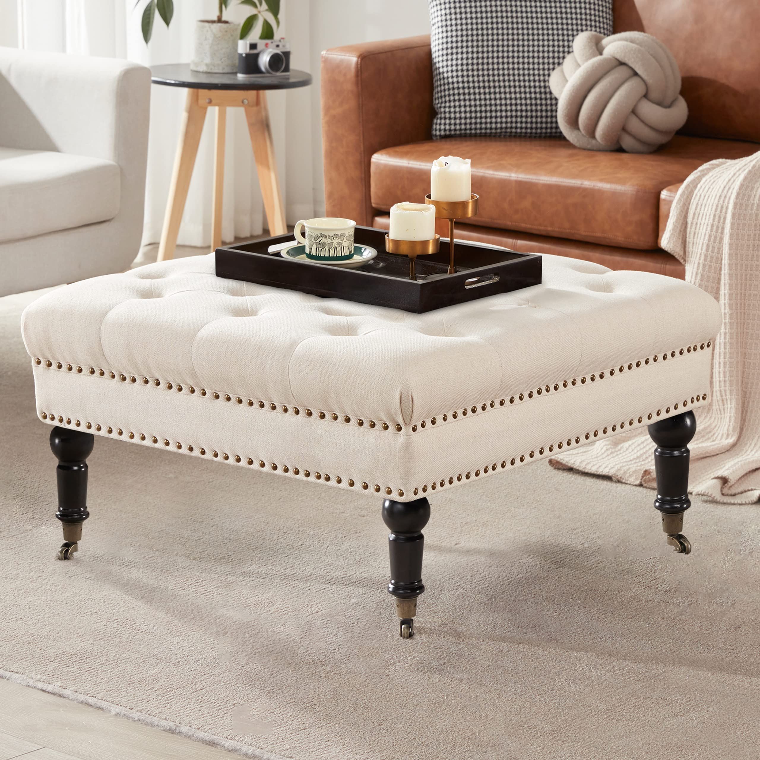 Upholstered Ottomans Within Famous Amazon: Kingfun Large Square Tufted Ottoman Coffee Table With Tray &  Casters Wheels, Oversized Linen Cocktail Ottoman Bench, Upholstered Coffee  Table Ottomans, Foot Rest Stool For Living Room(beige) : Home & Kitchen (View 6 of 10)