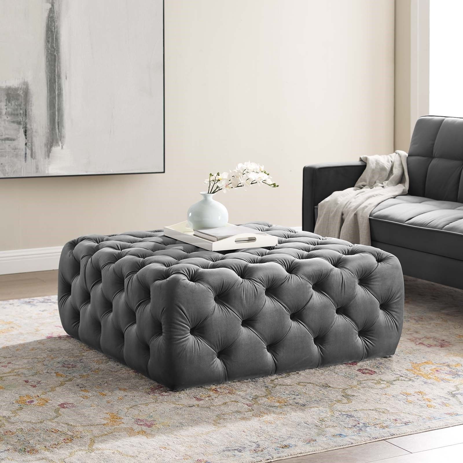 Well Known Amour Tufted Button Large Square Performance Velvet Ottoman In Gray – Hyme  Furniture For Velvet Ottomans (View 7 of 10)