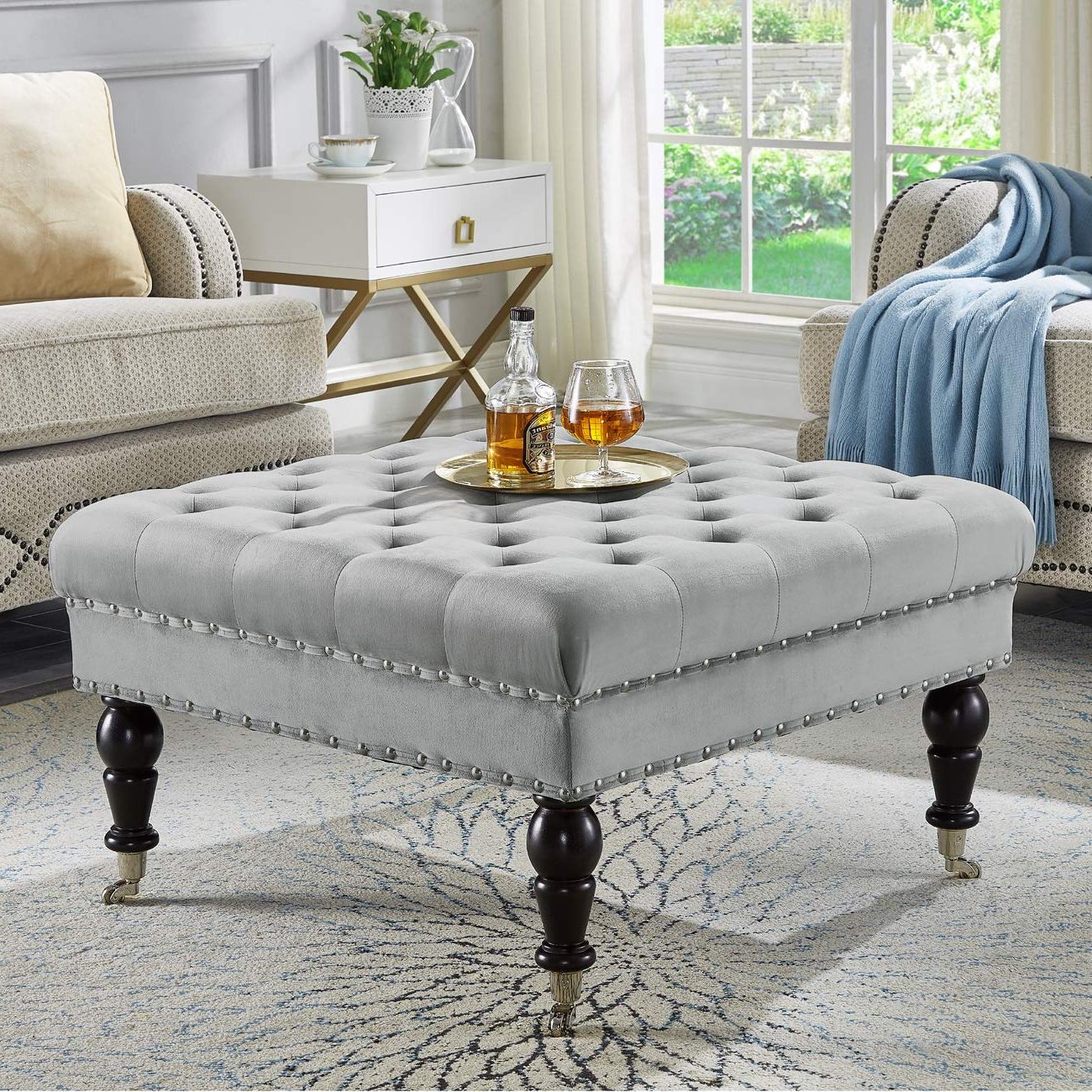 Widely Used Amazon: 24kf Large Square Upholstered Tufted Button Velvet Ottoman  Coffee Table , Large Footrest Bench With Caters Rolling Wheels Gray : Home  & Kitchen Throughout Upholstery Soft Silver Ottomans (View 7 of 10)