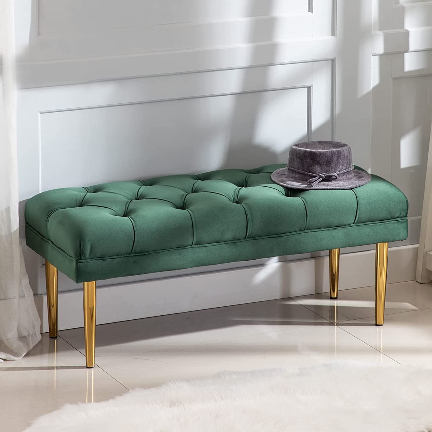 Widely Used Wahson Velvet Ottoman Bench Seat Upholstered Bed End Stool Dining Bench  With Golden Metal Legs, Window Seat Footstools For Entryway, Green :  Amazon.co (View 5 of 10)