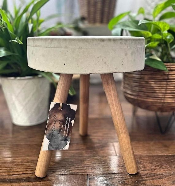 10 Inch Handmade Concrete & Wood Plant Stand – Etsy For Recent 10 Inch Plant Stands (View 6 of 10)