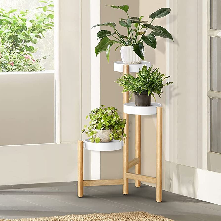 Amazon: Adovel Plant Stand For Indoor Plants, 3 Tier Tall Corner Bamboo  Pot Holder – White : Patio, Lawn & Garden Intended For Best And Newest White Plant Stands (View 8 of 10)