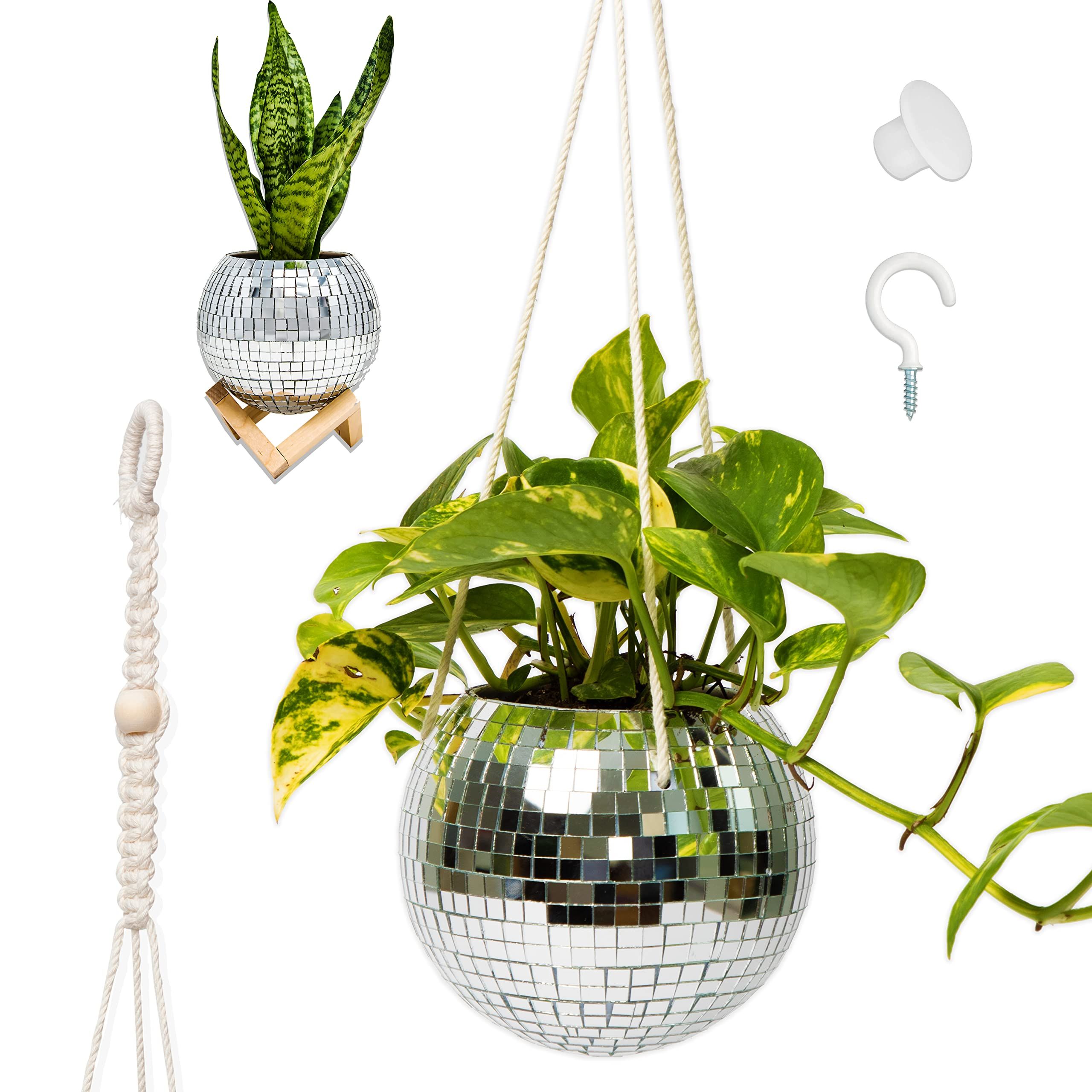 Ball Plant Stands Regarding Well Known Amazon: Lunar Sol – Disco Ball Planter – Disco Ball Plant Hanger With  Macrame Cotton Rope, With Wooden Stand For Desk Planter Decorations With –  Plant Accessories Indoor Or Outdoor Planters For Patio : (Photo 8 of 10)