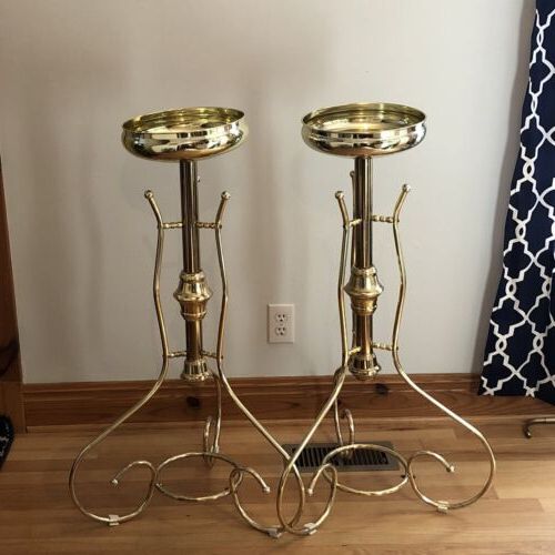 Brass Plant Stands Throughout 2017 Set Of 2 Brass Plant Stand Floor Mcm Hollywood Regency Victorian Scrolls   (View 5 of 10)