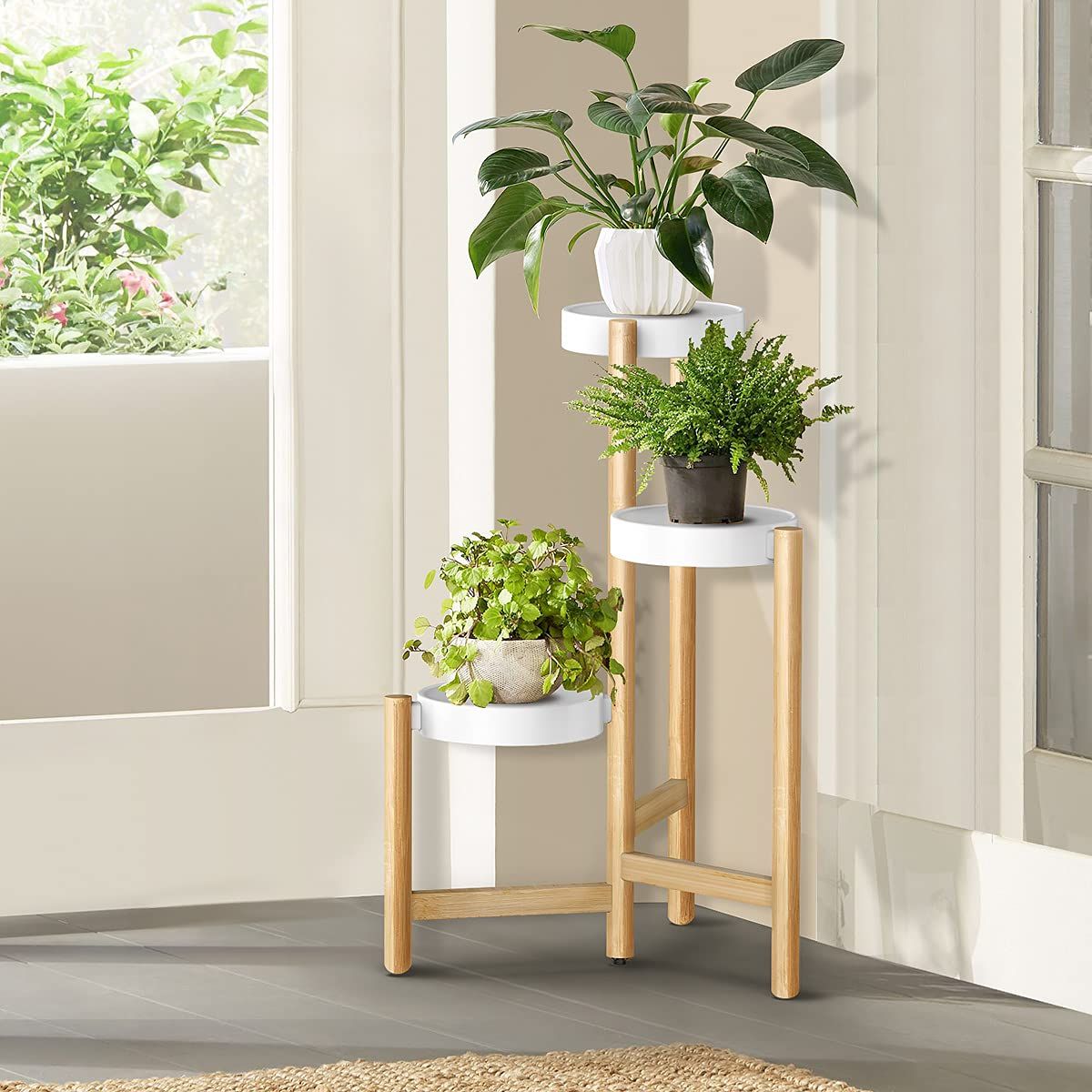 Fashionable Amazon: Adovel Plant Stand For Indoor Plants, 3 Tier Tall Corner Bamboo  Pot Holder – White : Patio, Lawn & Garden Regarding Three Tier Plant Stands (View 2 of 10)