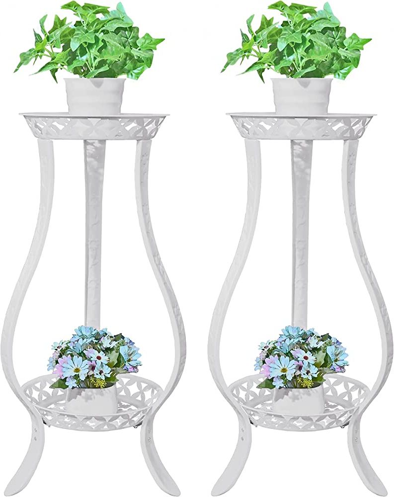 Favorite White 32 Inch Plant Stands Inside Yeavs 2 Pack Metal Plant Stand 2 Tier, 32 Inch Rustproof Decorative Flower  Pot Shelf Rack Indoor Outdoor Garden Office, Planter Display Holders Stand ( White) (View 2 of 10)