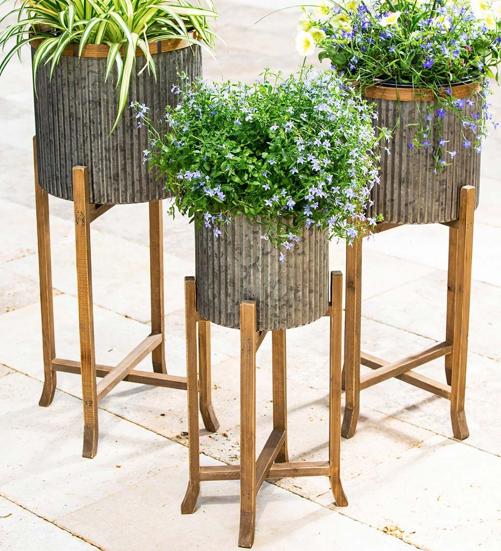 Galvanized Plant Stands Inside Recent Corrugated Galvanized Metal Planter With Wooden Stand, Set Of  (View 4 of 10)