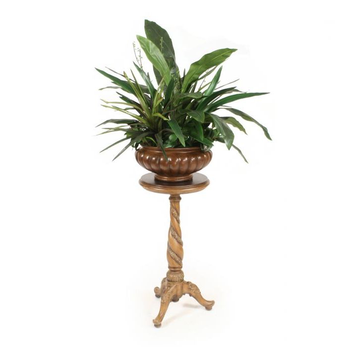 Greenery In Brown Fluted Bowl With Spiral Plant Stand – Distinctive Designs Throughout Best And Newest Plant Stands With Flower Bowl (View 1 of 10)