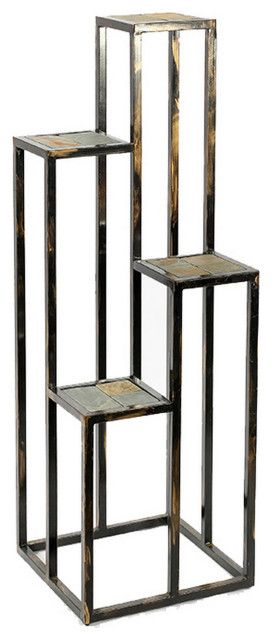 Industrial Plant Stands Pertaining To Well Liked 4 Tier Cast Iron Frame Plant Stand With Stone Topping, Black And Gold –  Industrial – Plant Stands And Telephone Tables  Uber Bazaar (View 9 of 10)