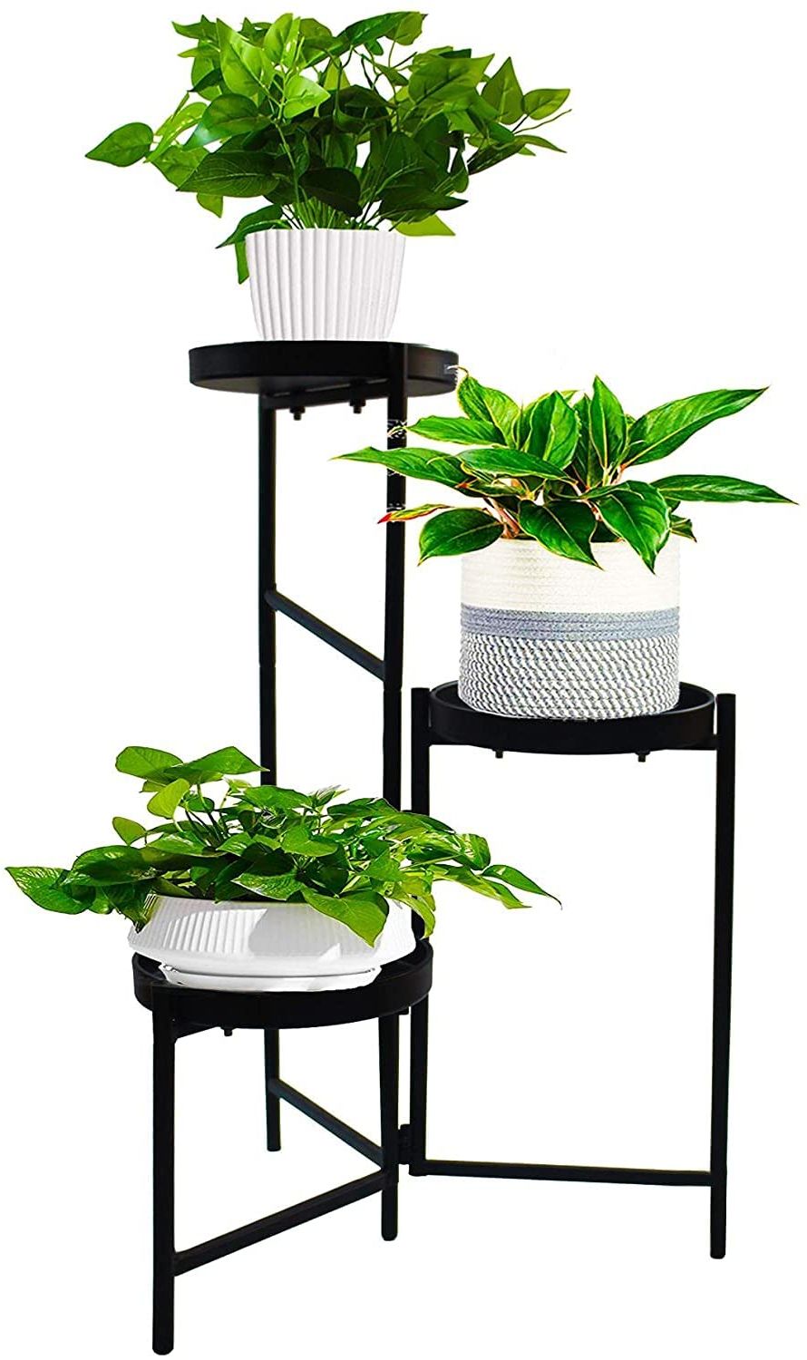 Iron Base Plant Stands Pertaining To Newest Metal Plant Stand Outdoor 3 Tier Flower Pot Holder Wrought Iron Plants Rack  Indoor Corner Stands Display Shelf Fold Vertical Planter Shelves Table For  Garden Patio Lawn Balcony Office Black Round (View 4 of 10)