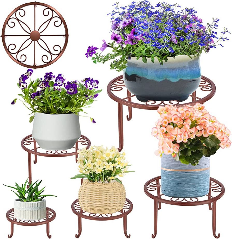 Most Recent Brown Metal Plant Stands Throughout 5 Pack Brown Metal Plant Stand For Outdoor Indoor Plants, Bronze Heavy Duty Flower  Pot Stands For Multiple Plant, Rustproof Iron Round Plant Shelf For Planter,  Potted Plant Holder For Garden Home (View 4 of 10)