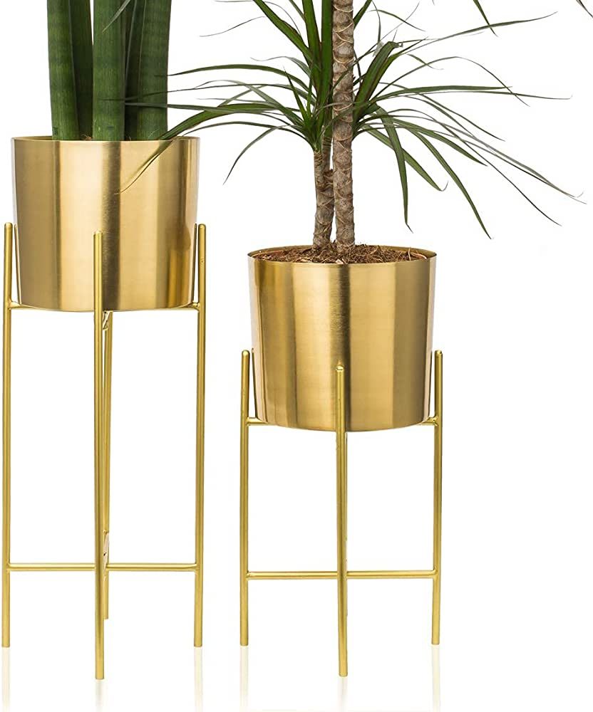 Most Recently Released Brass Plant Stands With Amazon : Kimisty Set 2 Brass Gold Planters With Stand, 7 Inch Diameter  Planter Pots With Stands, Modern Flower Pot, Mid Century Living Room Decor  For Orchid, Aloe, Large Cactus Plants,  (View 6 of 10)