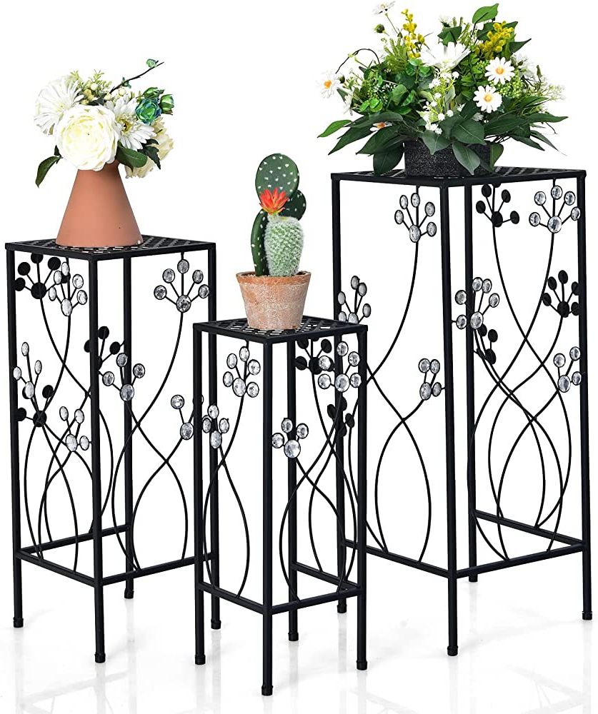 Most Up To Date Set Of Three Plant Stands Inside Amazon: Giantex Set Of 3 Metal Plant Stand, 3 Pieces Flower Pots  Display Rack With Vines And Crystal Floral Design, Irons Planter Supports  End Table For Home Patio Garden (square) : Patio, (View 10 of 10)