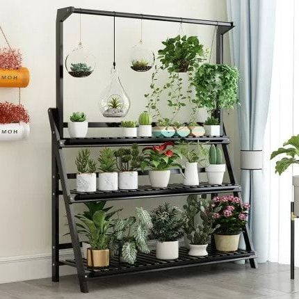 Multi Storey Flower Rack With Hanging Bar Bamboo Indoor Outdoor Flower Stand (View 6 of 10)