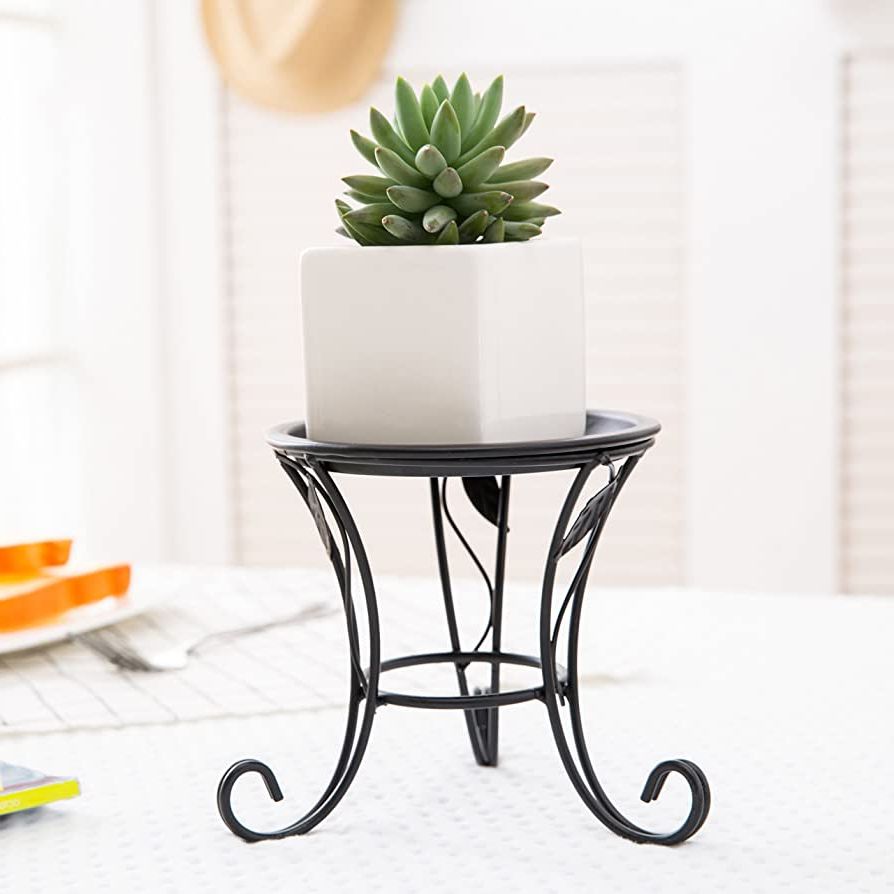 Mygift Small Black Metal Desktop Indoor Plant Stand With Scrollwork Design,  5 Inch Tabletop Pillar Candleholder Pertaining To Fashionable 5 Inch Plant Stands (View 1 of 10)