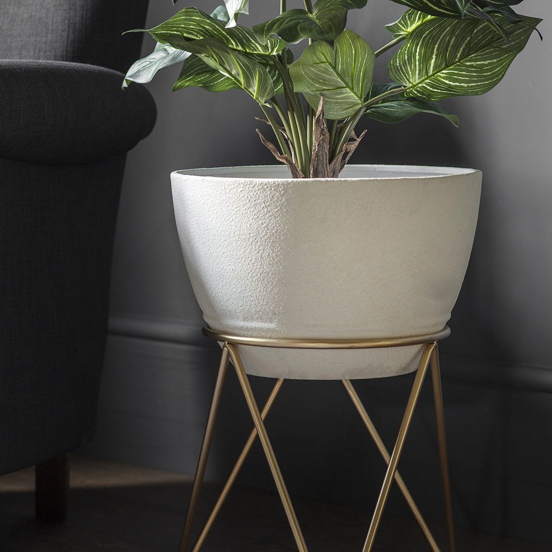 Newest Ivory Plant Stands In Set Of Two Ivory Planters With Gold Geometric Stand – Primrose & Plum (View 1 of 10)