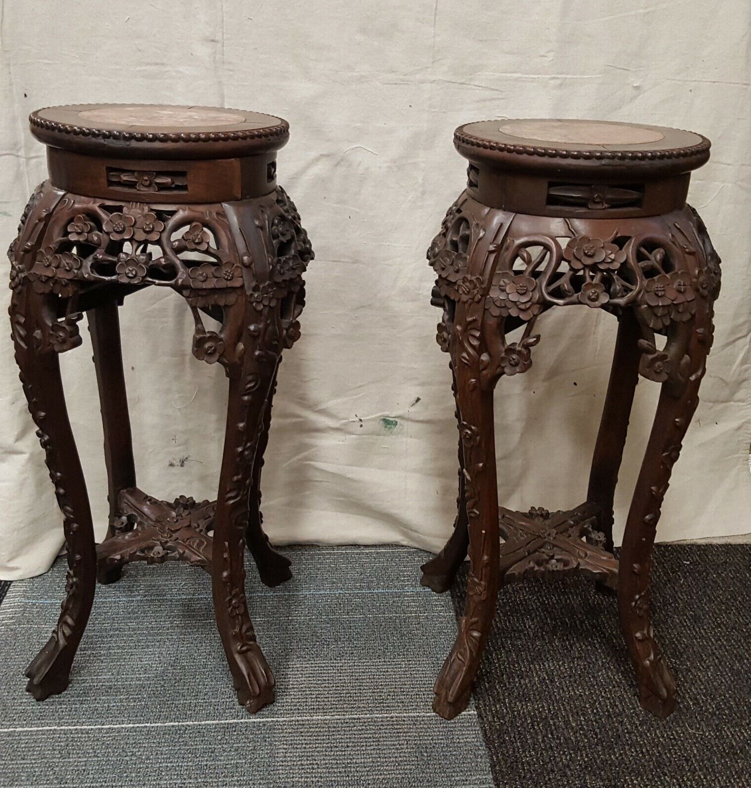 Pair Of Antique Chinese Carved Rosewood Marble Top Plant Stands/side Tables (Photo 4 of 10)