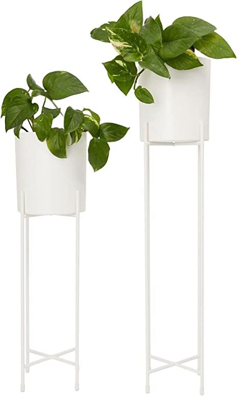 Popular Juvale Small Modern Planter Pot With Stand, Set Of 2 For Indoors And  Outdoors (white) : Amazon.co (View 3 of 10)