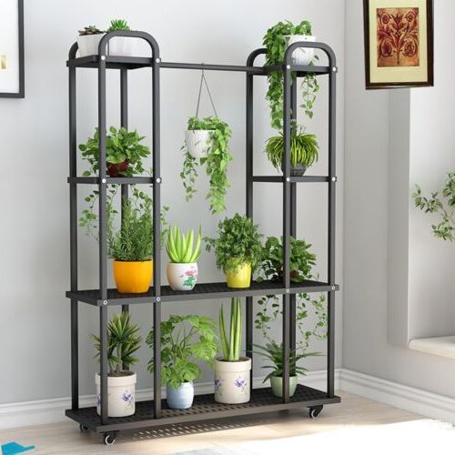 Preferred Metal Plant Stand 4 Tier Black Movable With Wheels For Plants Display Rack (View 7 of 10)