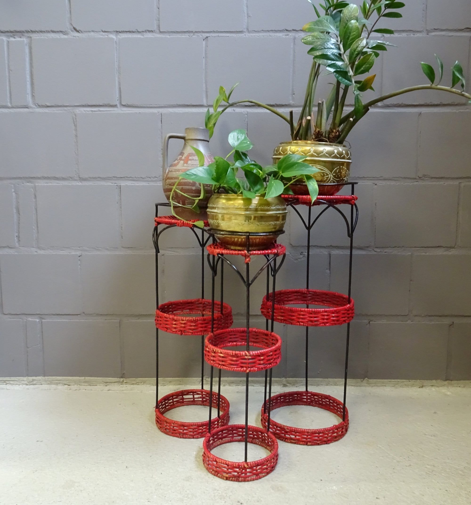 Red Plant Stands With Regard To Well Liked Plant Stand Set Of Metal And Rattan Round Flower Columns Red – Etsy (View 5 of 10)