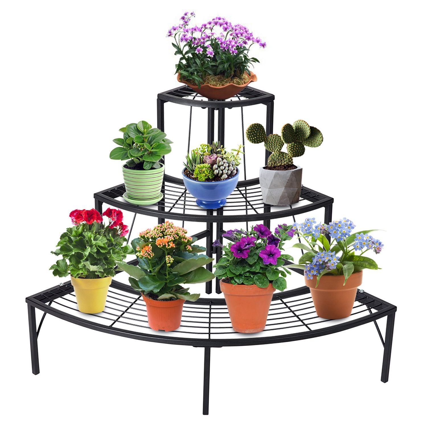 Round Plant Stands Intended For Most Current Amazon : Doeworks 3 Tier Plant Stand Flower Pot Rack, Quarter Round  Plant Corner Shelf Planters Display Holder Orchid Shelves For Indoor  Outdoor Use, Black : Patio, Lawn & Garden (View 3 of 10)