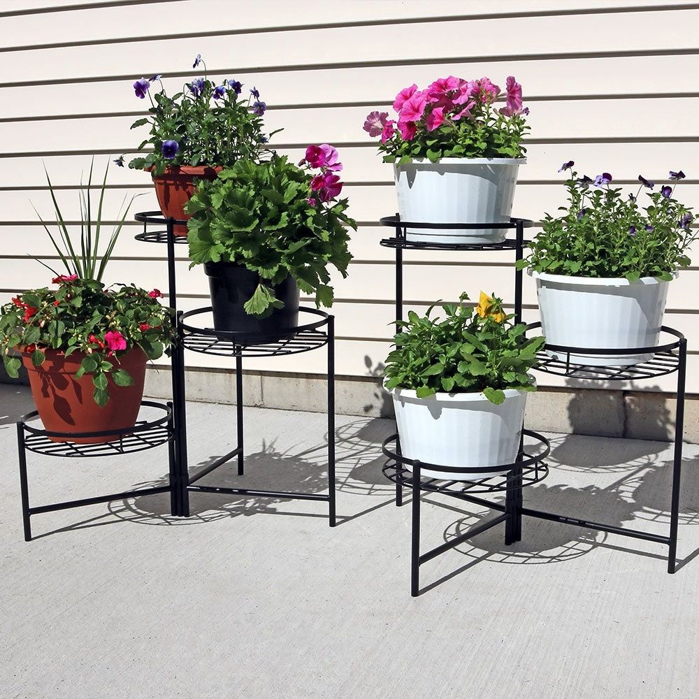 Set Of Three Plant Stands Intended For 2018 Black Three Tiered Indoor Outdoor Flower Plant Stand 22" – Set Of Two –  Overstock –  (View 5 of 10)
