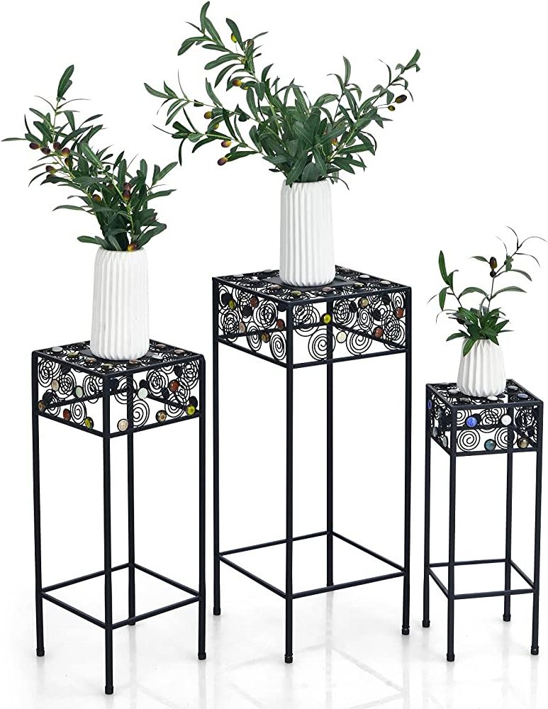 Set Of Three Plant Stands Intended For Newest Amazon: Giantex Set Of 3 Metal Plant Stand, 3 Pieces Flower Pot Holder  Rack With Ceramic Beads Design, Irons Planter Supports Display End Table  For Home Patio Garden (square) : Patio, Lawn (View 1 of 10)